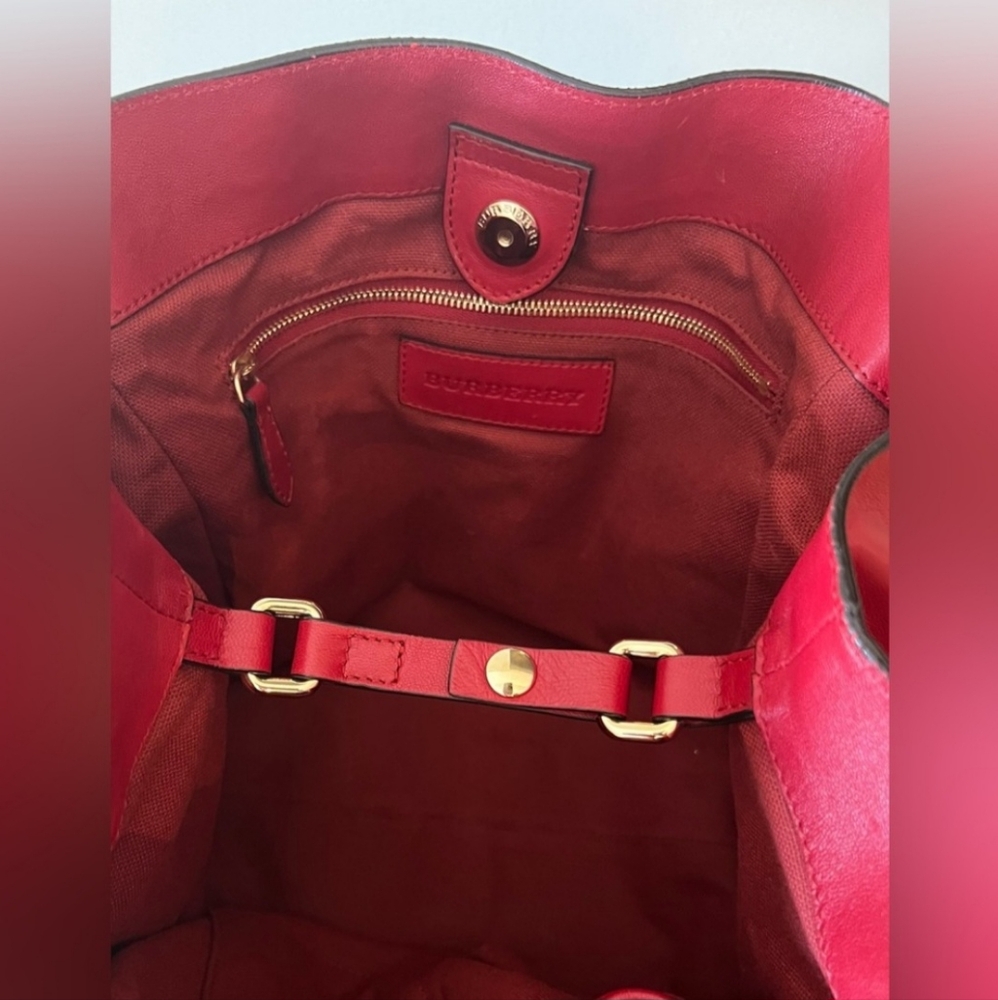 Burberry Red Leather Shoulder Bag with Check Trim - Picture 8 of 16